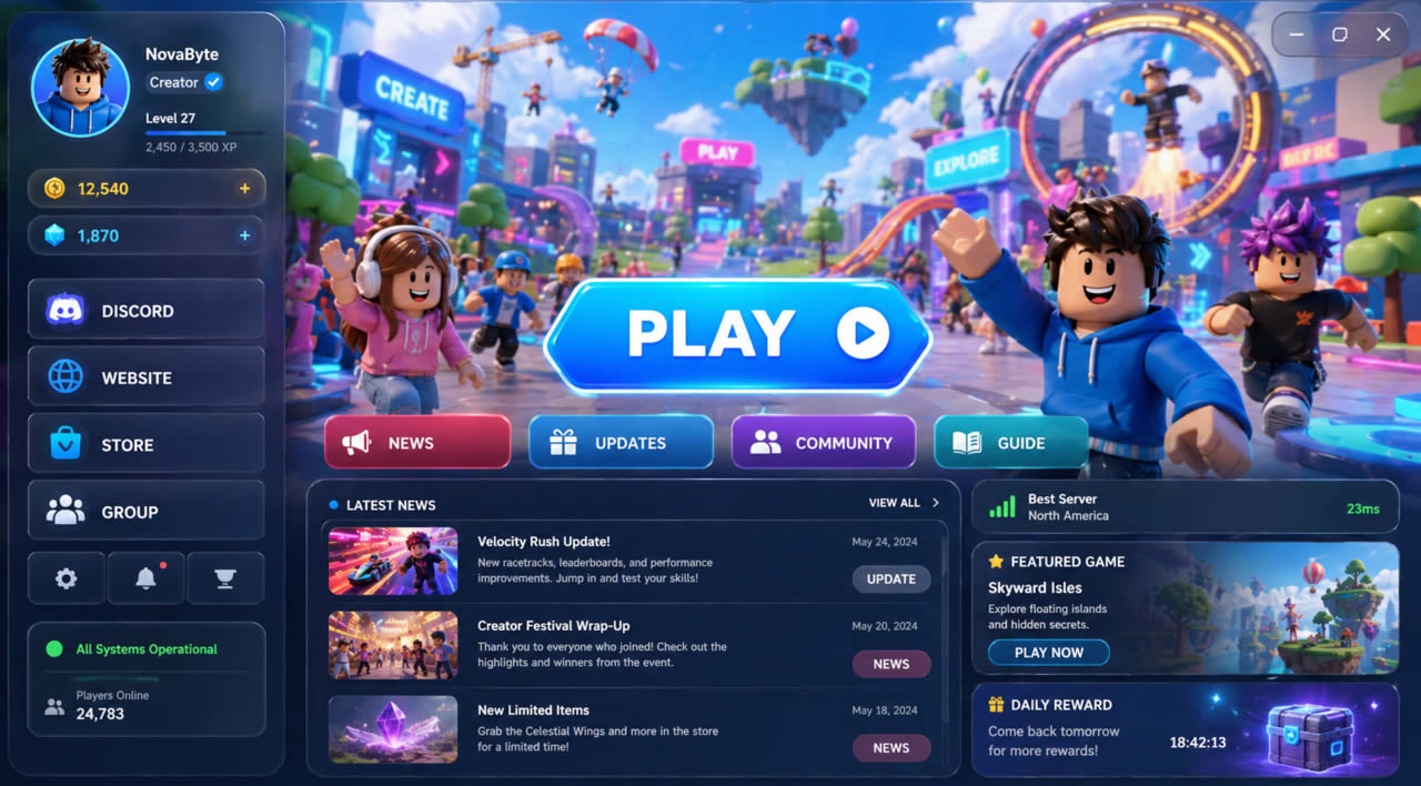 Branded community launcher layout built with Game Launcher Creator