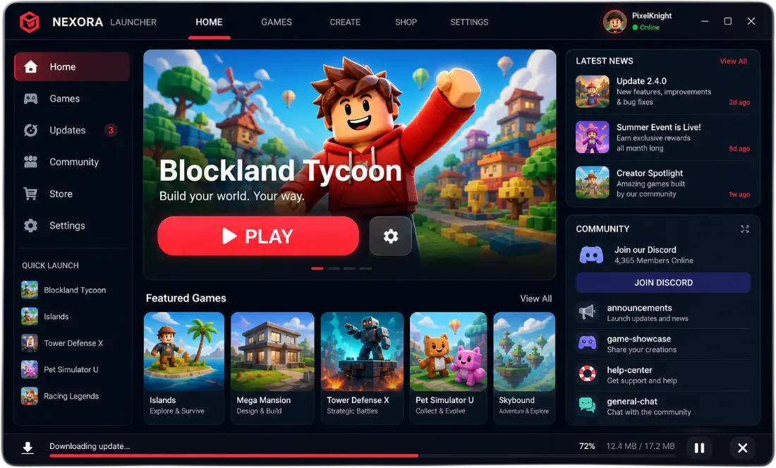Branded Roblox community launcher layout created using Game Launcher Creator