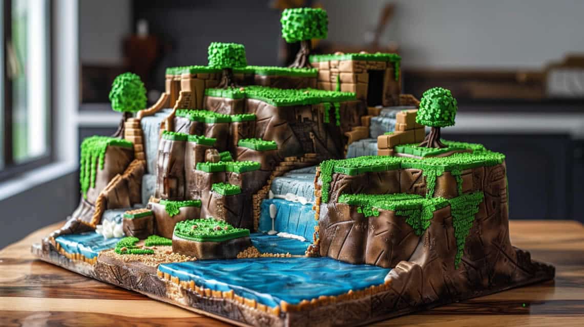 A Highly Detailed Minecraft Cake with Icing for Water