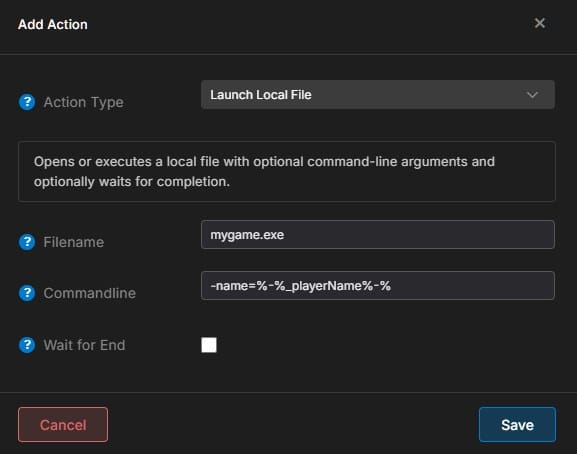 Game Launcher Action variable